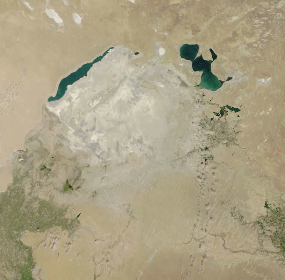 NASA satellite view of the Aral Sea on 25 August 2026, mostly dried out